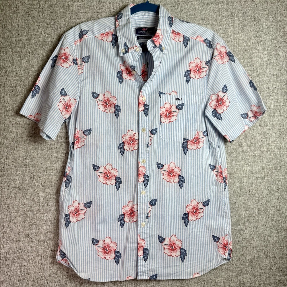 Vineyard Vines‎ Classic Fit Hibiscus Hawaiian Shirt Blue Button Down SMALL